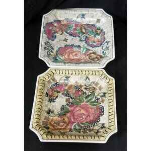 Set of 2 Decorative Vintage Floral Asian Plates 8" Home Decor Trinket Holders